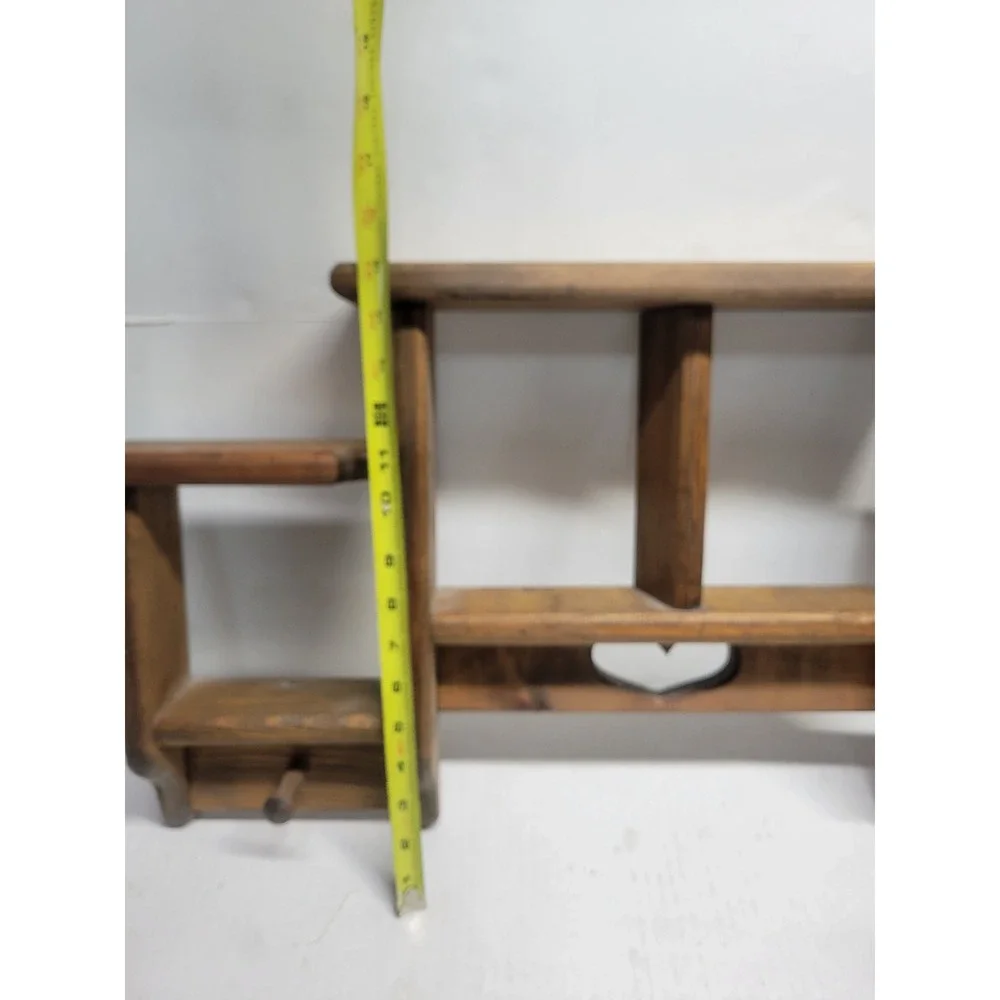 Vintage Rustic Wood Wall Shelf Heart Cutout 2 Pegs Farmhouse Tiered Display 26in